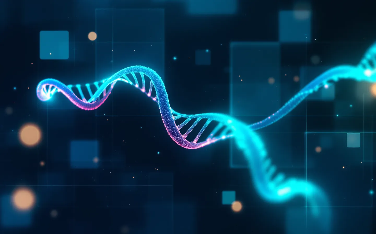 Abstract illustration of a five-node peptide chain paired with a longer helix on a dark slate field